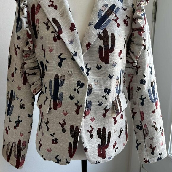 Chepè Ecru Multicolor Cactus Jacquard Ruffled Blazer with Metallic Thread – EU S - Picture 3 of 12